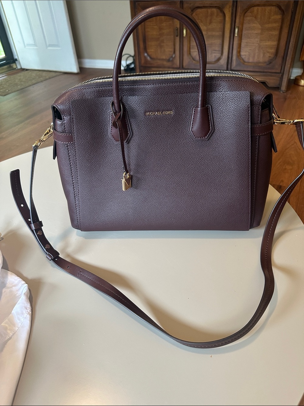 Michael Kors Burgundy Leather Satchel with Gold Hardware